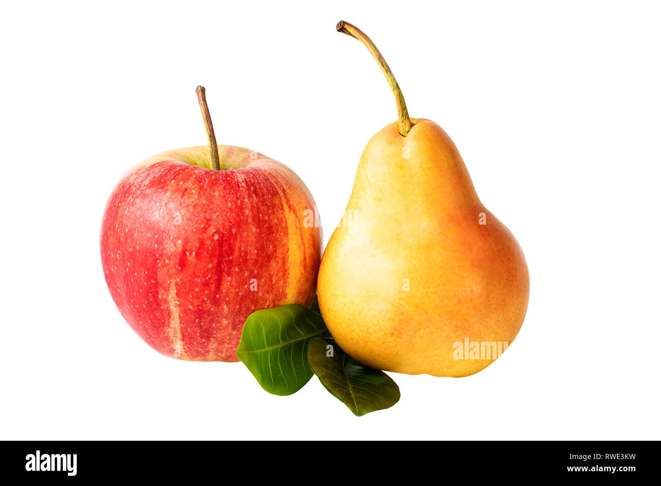 Schließen Apfel Birne frische helle Früchte retuschiert Weiß Freistellungspfad Stockfoto