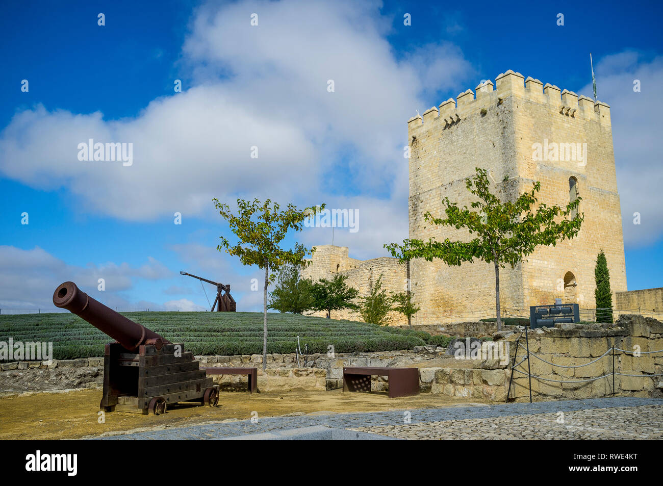 In Alcala la Real Schloss zeigt die Alcazaba Tower, Lavendel Garten und Trebuchet + Kanone defensive Waffen, Provinz Jaen, Andalusien, Spanien. Stockfoto