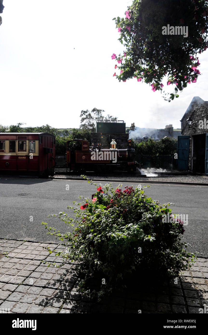 Ein kleiner Dampfzug am Erin Bahnhof in Port Erin auf der Südwestküste der Isle of Man, Großbritannien. Die Isle of Man Railway ist 3 Fuß schmal g Stockfoto