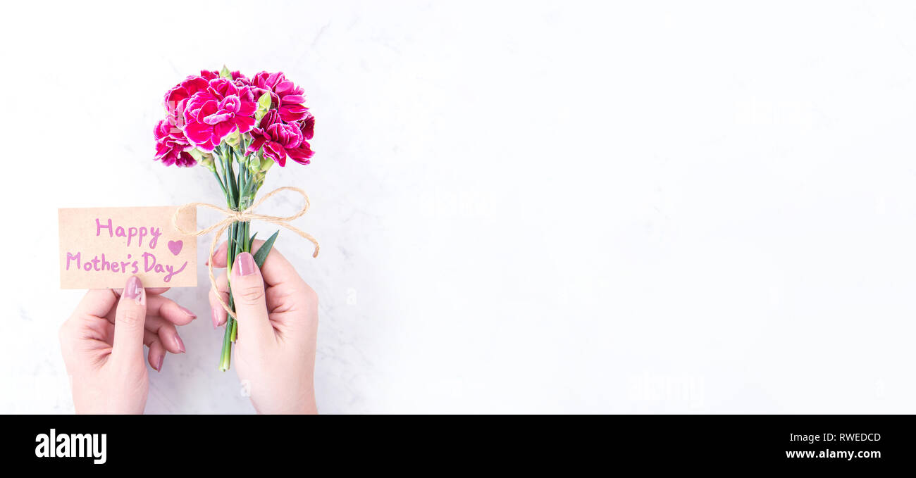 Mai Tag Idee Mütter Konzept Fotografie - schönen blühenden Nelken von Seil Kraftpapier Bug bestand in der Frau die Hand auf helle, moderne Tabl isoliert gebunden Stockfoto