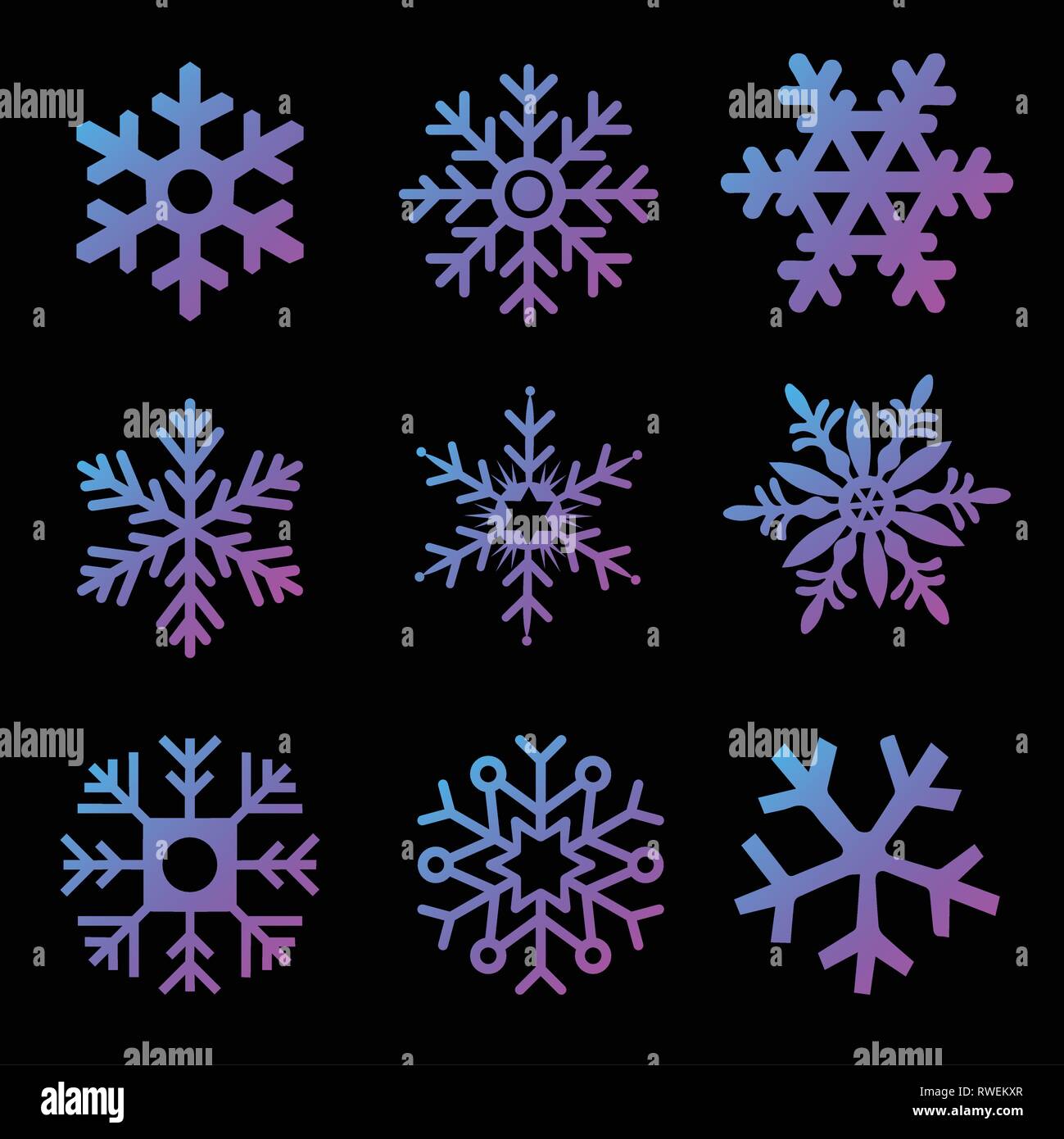 Moderne gradient Schneeflocken Vektor auf einem schwarzen Hintergrund. Vector Pack von Schneeflocken Design Vorlagen. Winter Dekoration Elemente. Vektor illustrati Stock Vektor