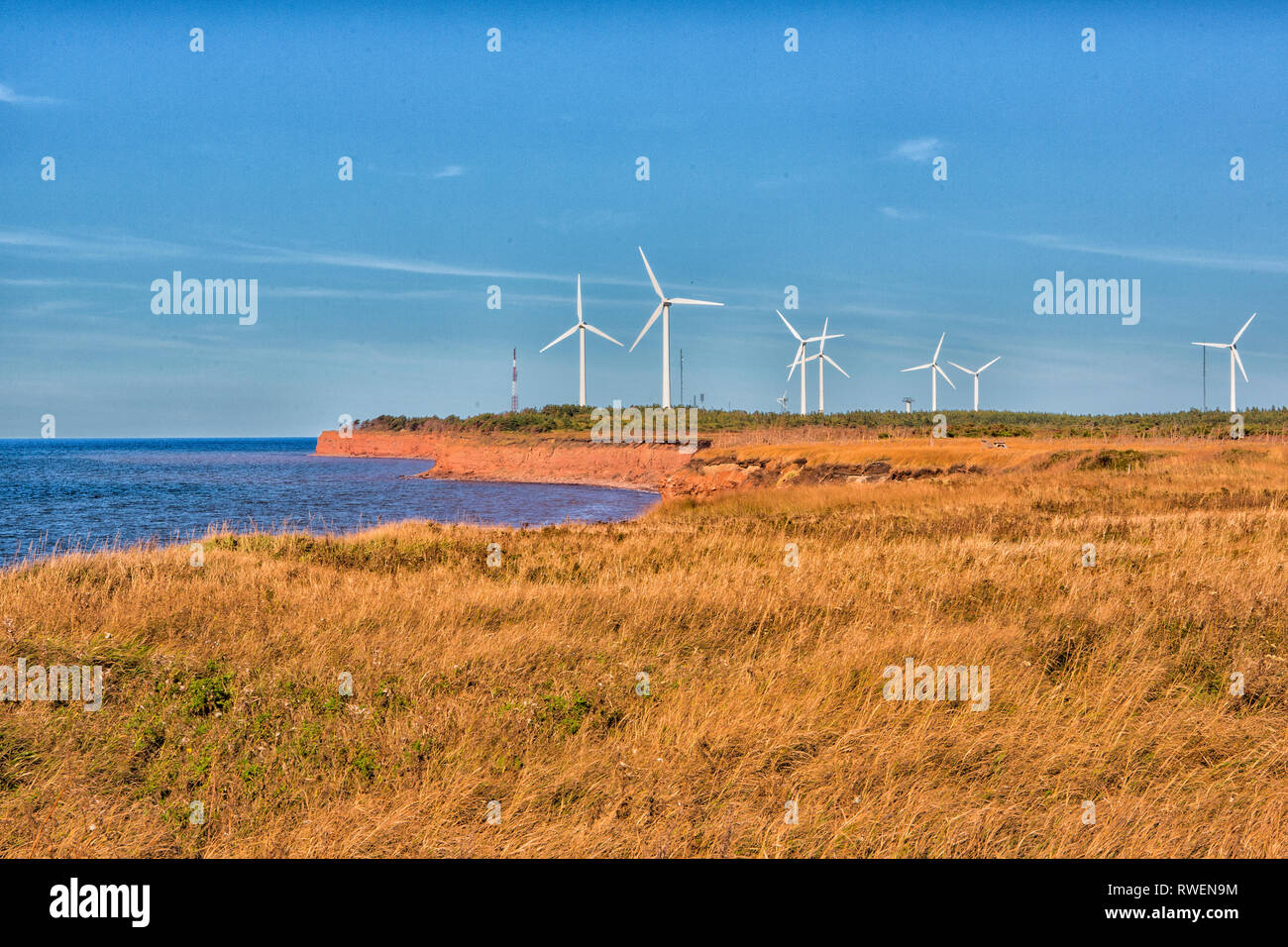 Windkraftanlagen, Nordkap, Prince Edward Island, Kanada, Stockfoto