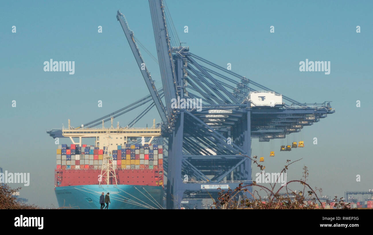 Von Landguard Point ein paar Wandern mit einem mega Riesen Containerschiff neben im Hafen von Felixstowe River Orwell Suffolk England, Unite Anker Stockfoto