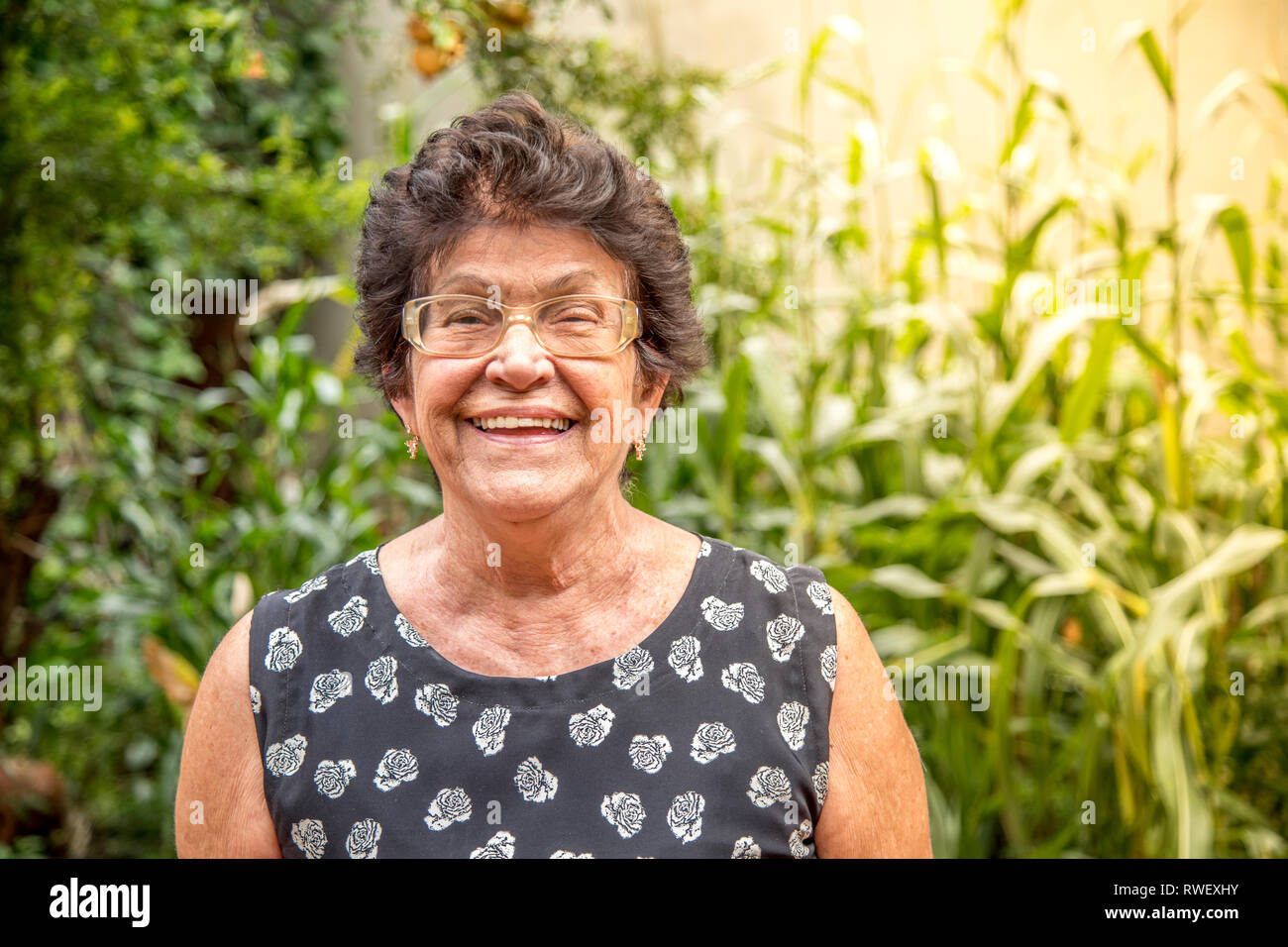 Glückliche alte Frau lächelte glücklich im Alter Stockfoto