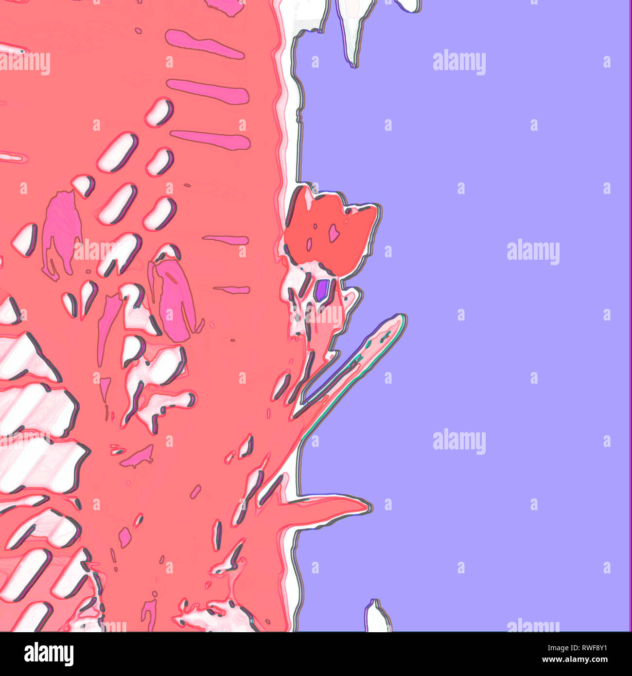 Psychedelic Blumen abstraktes Bild der Frühling Tulpen in Lebende Korallen, die PANTONE-Farbe des Jahres für 2019 und purpur violett für Ostern und Frühling. Stockfoto