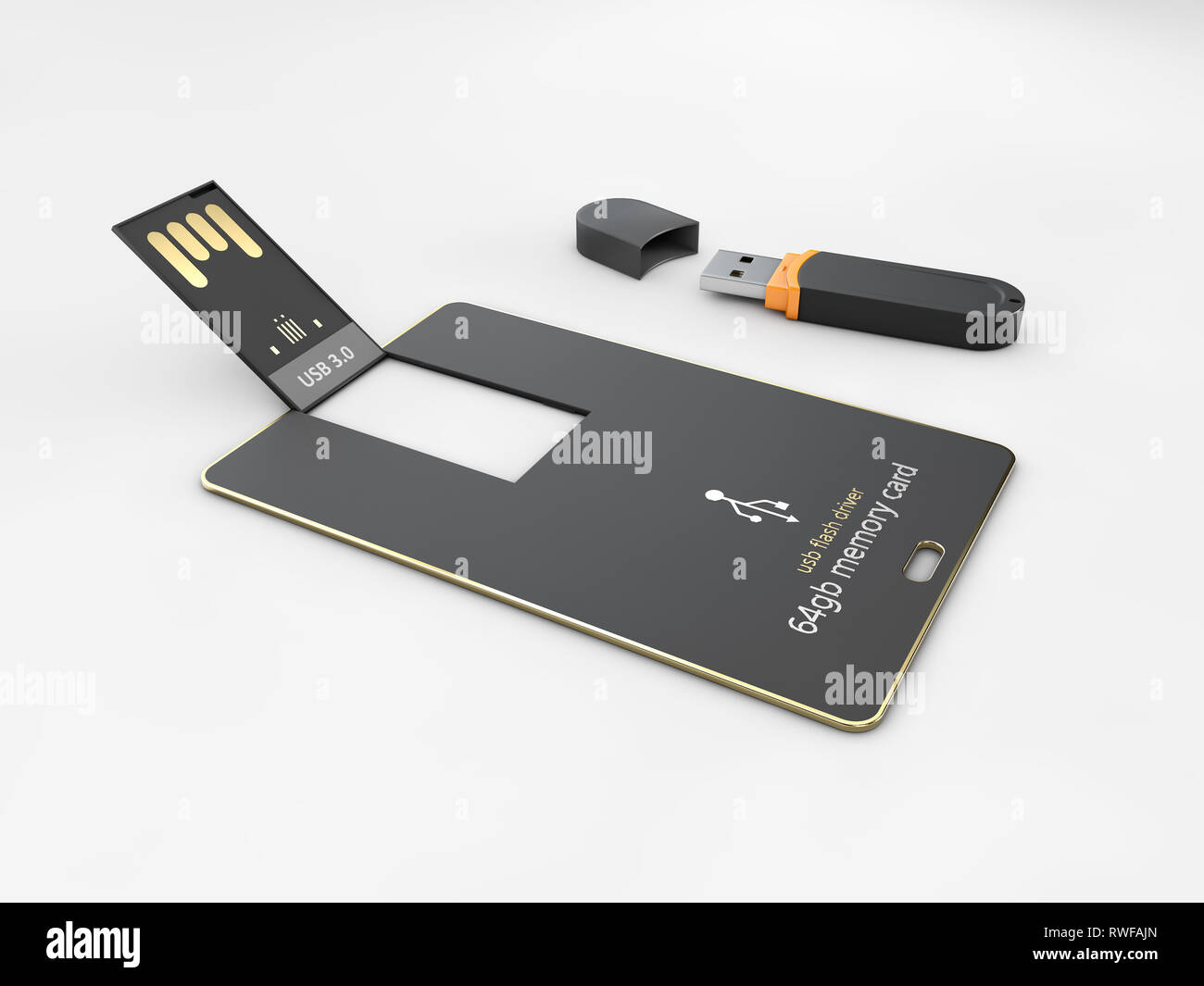 3D-Darstellung der USB-Flash-Karte leere Vorlage für Corporate Identity auf isolierten Grau. Stockfoto