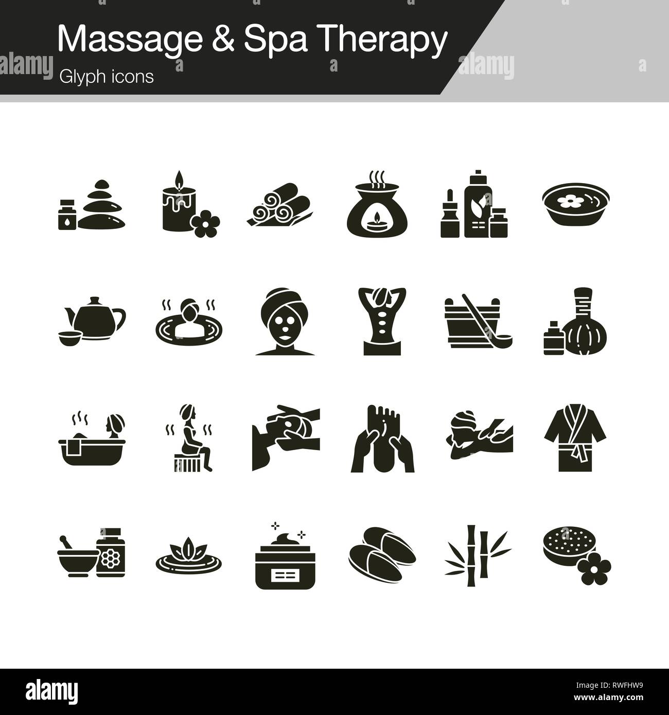 Massage und Spa Therapie Symbole. Glyphe Design. Für die Präsentation, Grafik Design, Mobile, Web Design, Infografiken, UI. Vector Illustration. Stock Vektor