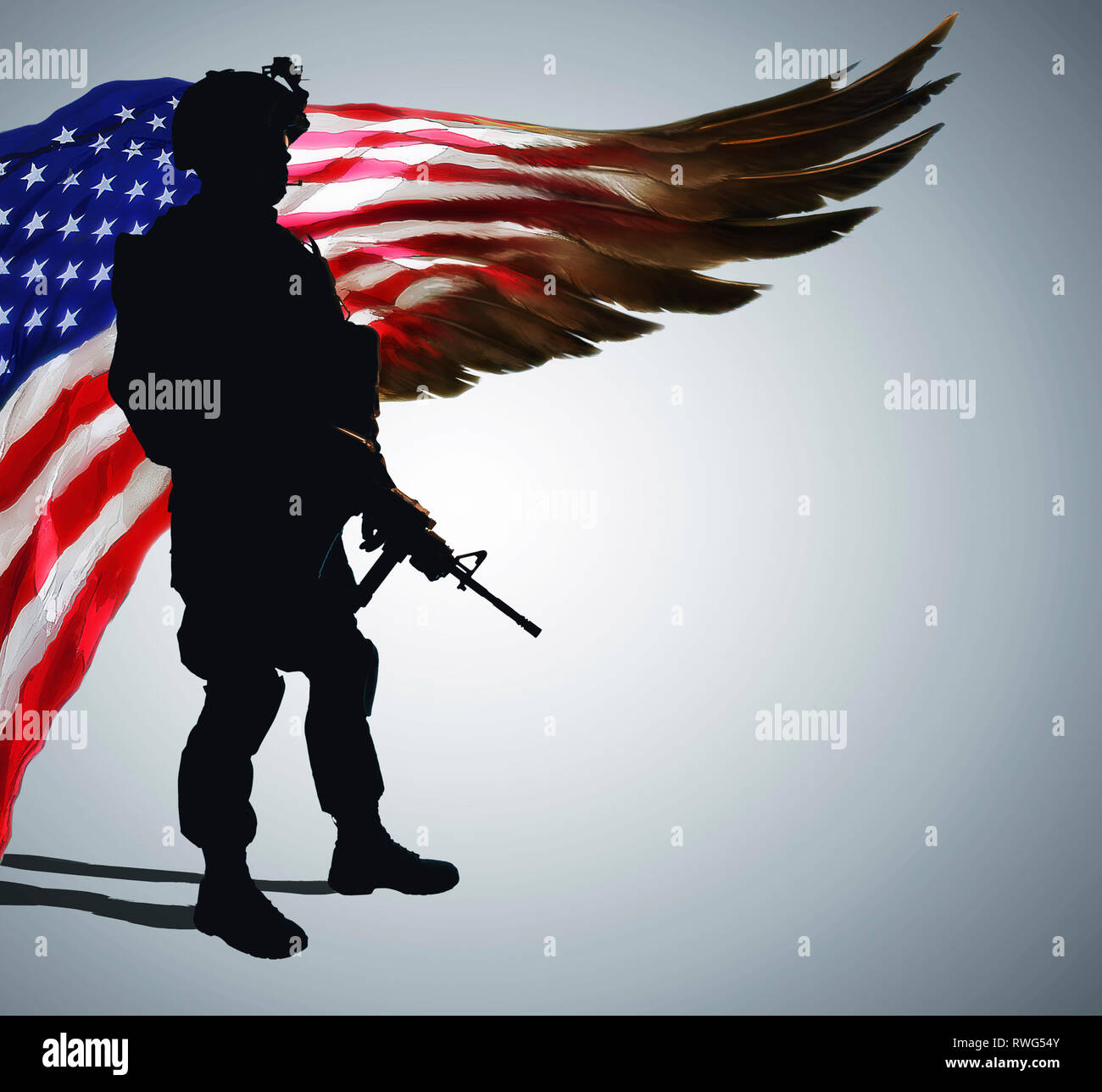 Silhouette der Armee Soldat vor stilisierte US-Flagge in Form von riesigen Flügel. Stolz und Dankbarkeit für Jahre der engagierten Service. Stockfoto