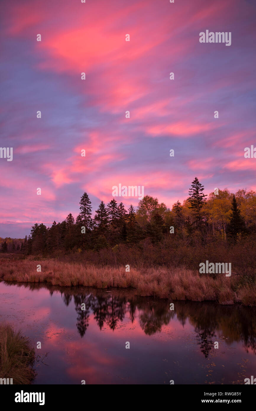 Oktober Sonnenuntergang und Reflexion im Stream, Felchen, Stadt der grösseren Sudbury, Ontario, Kanada. Stockfoto