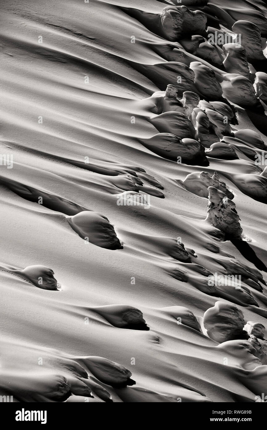 Detail der Wind gemeißelte Schnee in Schwarz und Weiß auf Texas Peak bei Retallack BC, Kanada Stockfoto