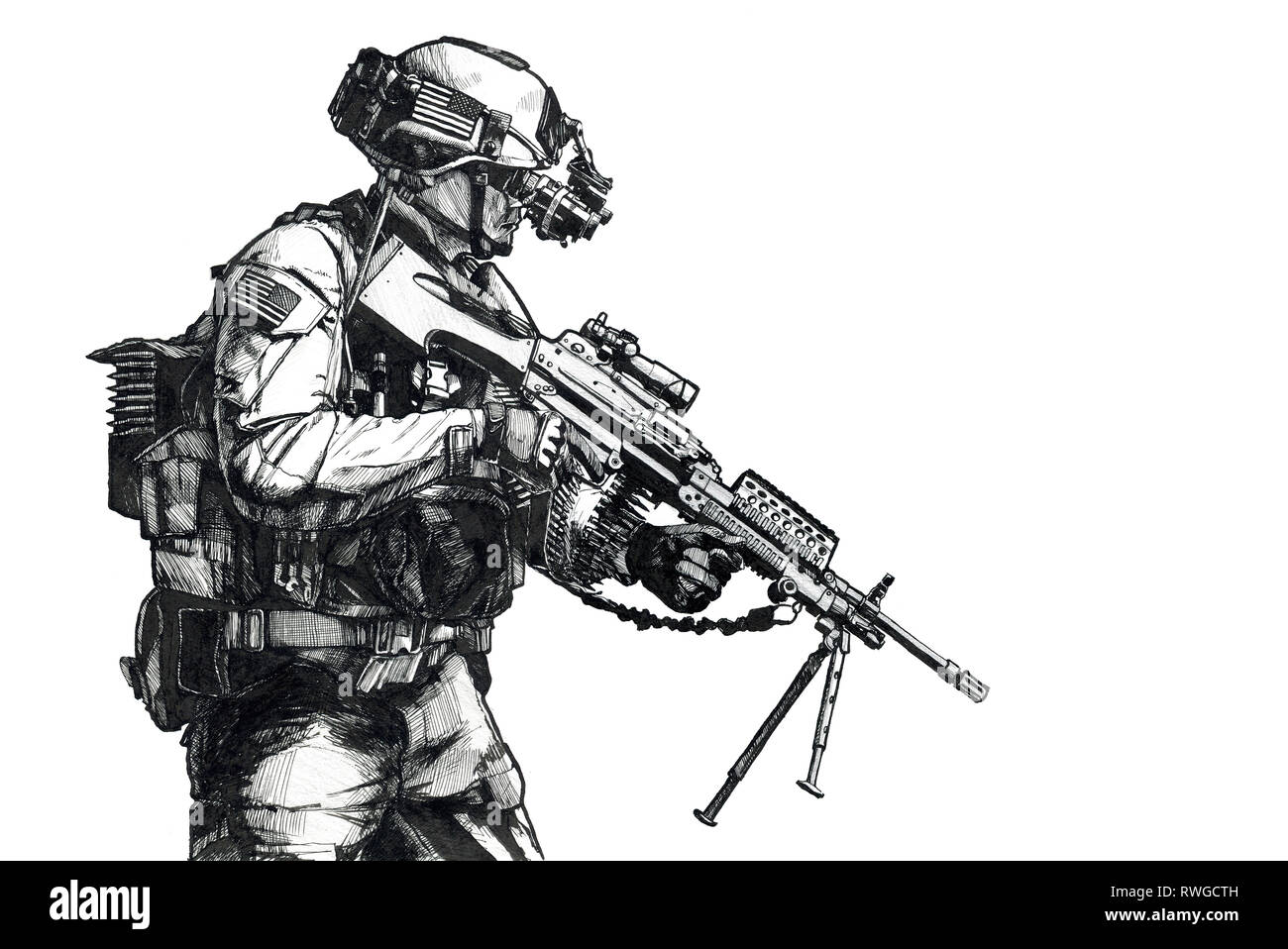 Hand gezeichnete Bild einer U.S. Army Ranger mit Maschinengewehr und Nachtsichtgeräte. Stockfoto