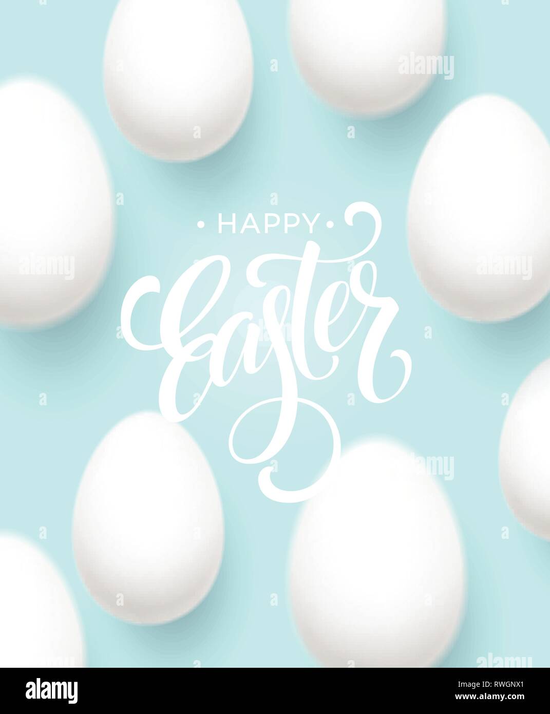 Happy Easter Egg Schriftzug auf dem blauen Hintergrund mit weißen Ei. Vector Illustration Stock Vektor