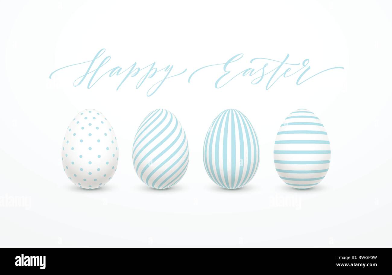 Happy Easter Egg-Schriftzug im Hintergrund mit weißen und blauen Ei. Vector Illustration Stock Vektor