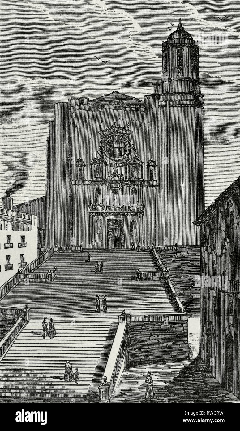 Spanien. Katalonien. Kathedrale der Heiligen Maria von Girona. Hauptfassade des 17. Jahrhunderts, Barock klassizistischen Stil. Zeichnung von Miranda. Gravur. Crónica de España, Historia y Ilustrada Descriptiva de Sus Provincias. Katalonien. 1866. Stockfoto