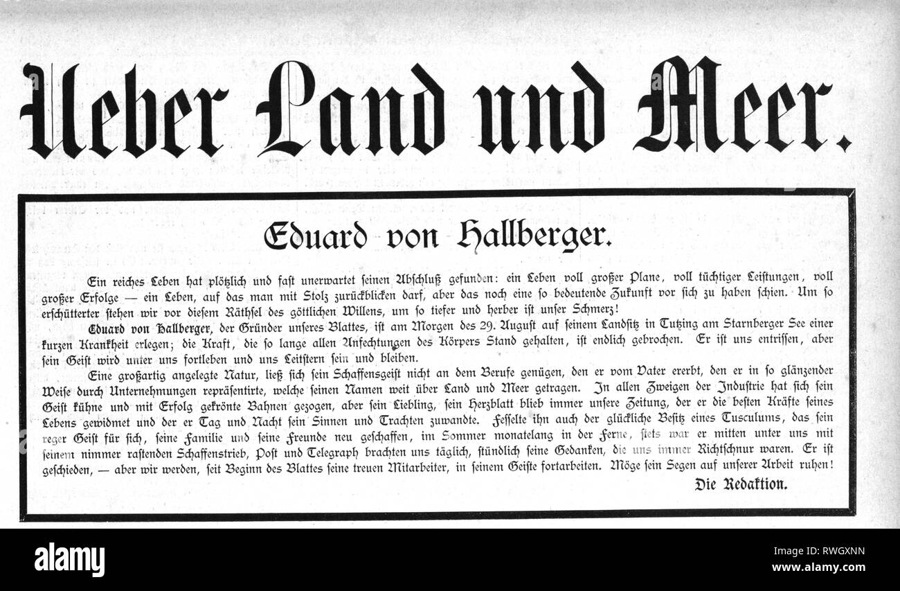 Hallberger, Eduard, 29.3.1822 - 29.8.1880, Deutscher Verlag, Nachruf von der Redaktion der Zeitschrift "ueber Land und Meer", Stuttgart, August/September 1880, Additional-Rights - Clearance-Info - Not-Available Stockfoto