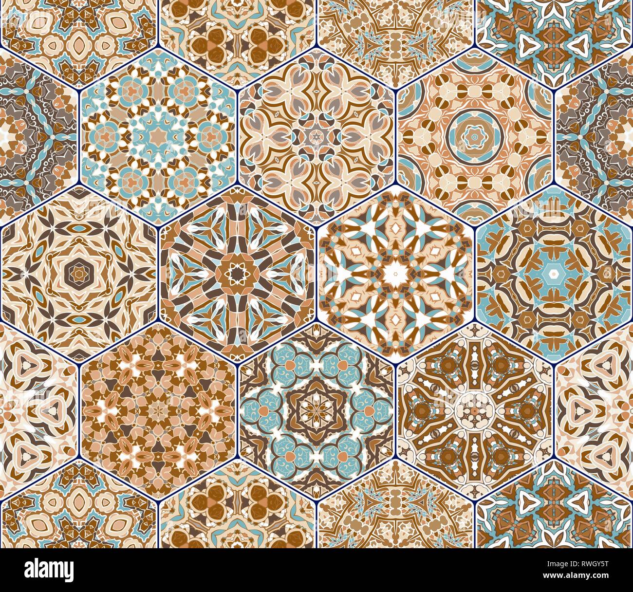 Nahtlose sechseckige Fliesen Mosaik in Vektor einrichten. Orientalische und ethnische Motive in Design Patterns. Stock Vektor