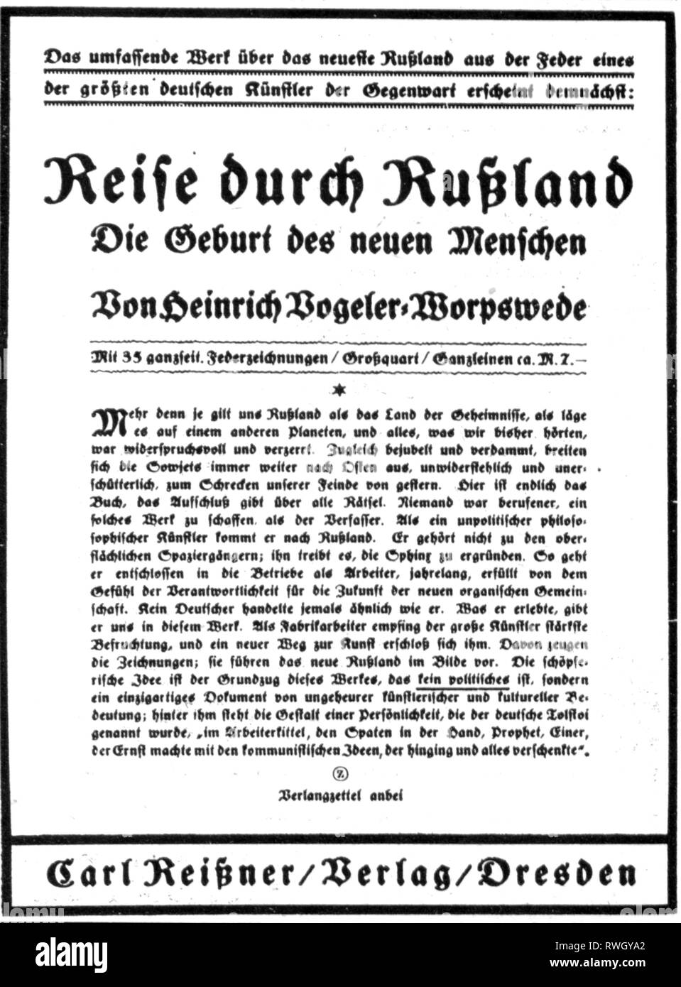 Vogeler, Heinrich, 12.12.1872 - 14.6.1942, deutscher Maler und Grafiker, Werke, Buch "Reise durch Russland. Die Geburt des neuen Menschen", Verlag Carl Reissner, Dresden, 1925, Werbung, 1924, Additional-Rights - Clearance-Info - Not-Available Stockfoto