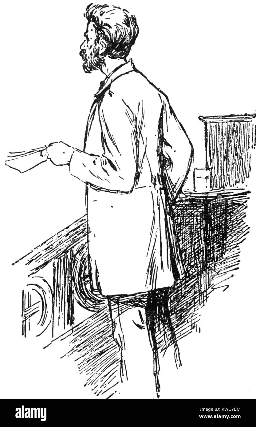 Bebel, August, 22.2.1840 - 13.8.1913, deutscher Politiker und Publizist, Mitglied des Deutschen Reichstages 1871-1881 und 1883-1913, während einer Rede, halbe Länge, Zeichnung, circa 1885, Additional-Rights - Clearance-Info - Not-Available Stockfoto