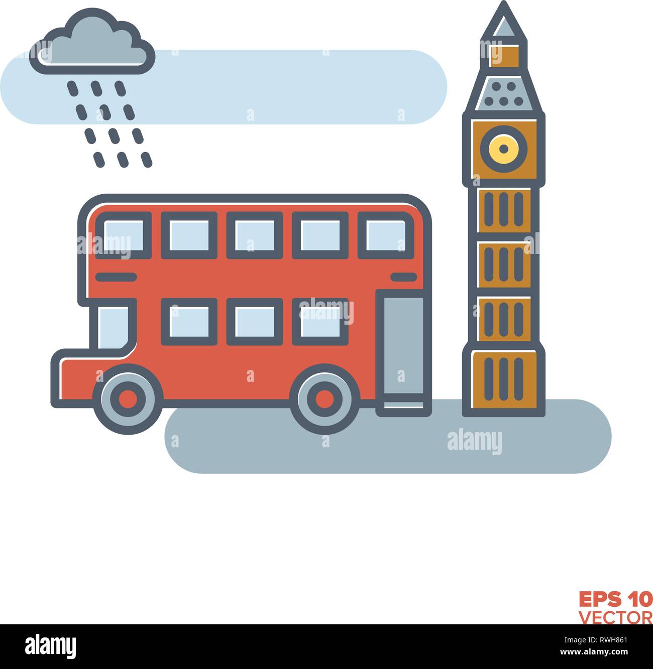 Roten Londoner Doppeldeckerbus und Big Ben gefüllt Symbol Leitung Vector Illustration Stock Vektor