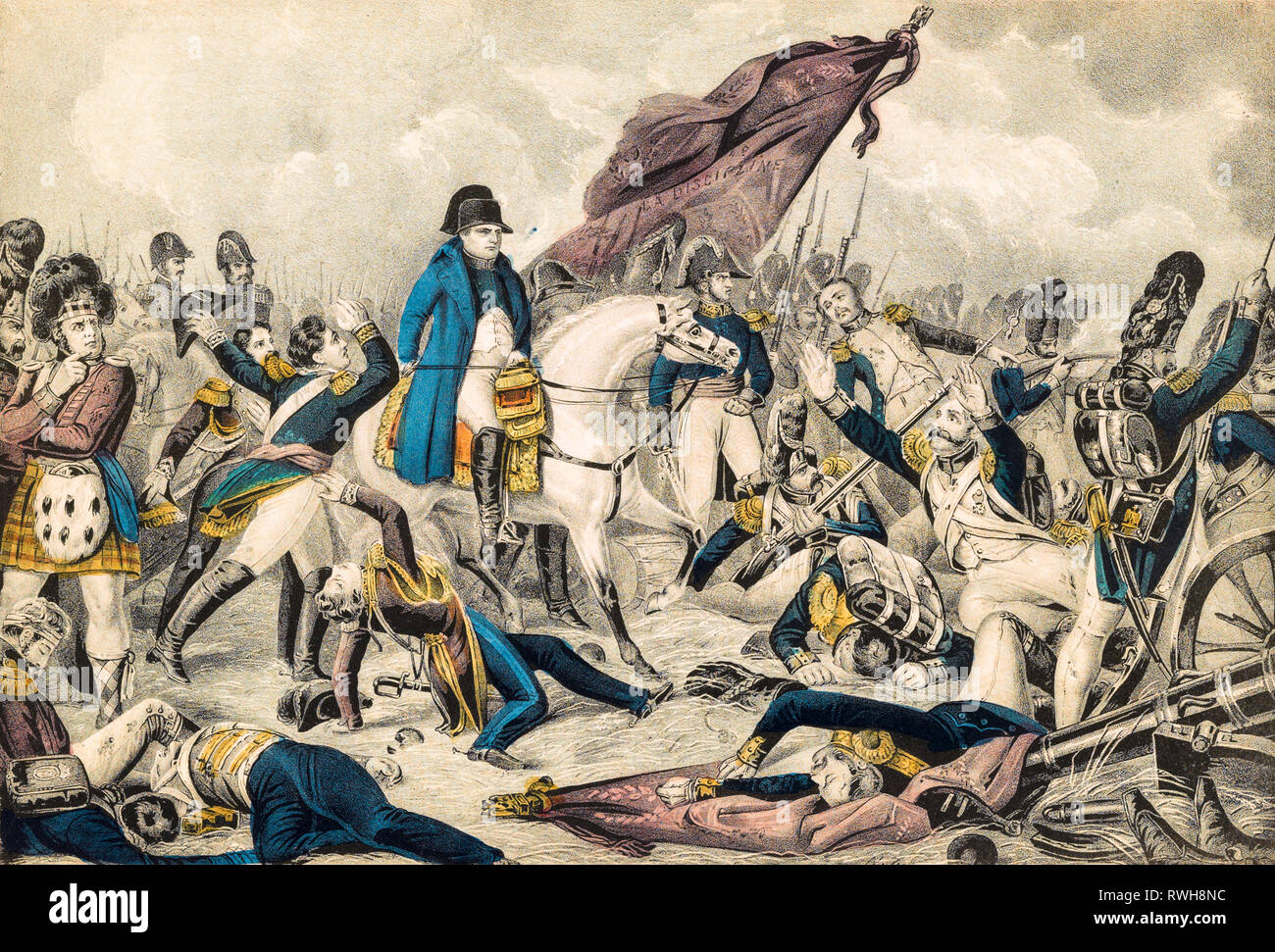 Schlacht von Waterloo, 18. Juni 1815, Napoleon Bonaparte auf Reiten unter seinen Truppen, Kupferstich, koloriert, N. Currier, C. 1835 Stockfoto