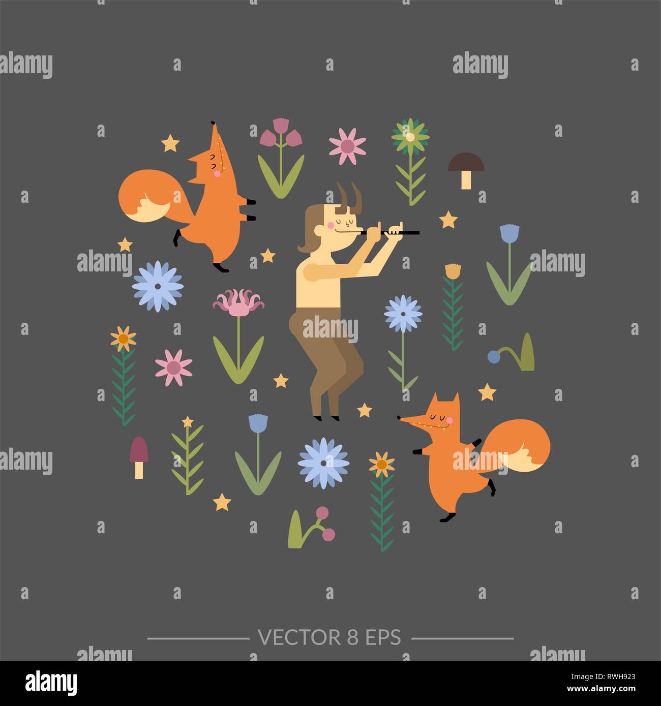 Hand vektor Banner mit Tanz Füchse und Faun im flachen Stil gezeichnet. Schöne Poster mit Faun, Füchse, Blumen, Pilze, Beeren für Ihr Design. Stock Vektor