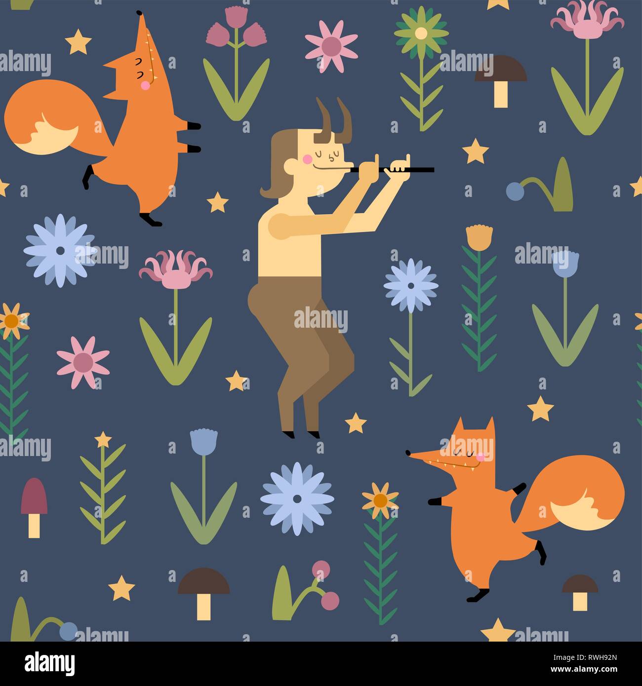 Hand gezeichnet vector Pattern mit Tanz Füchse und Faun im flachen Stil. Schöne nahtlose Muster mit Faun, Füchse, Blumen, Pilze, Beeren für Ihre Stock Vektor