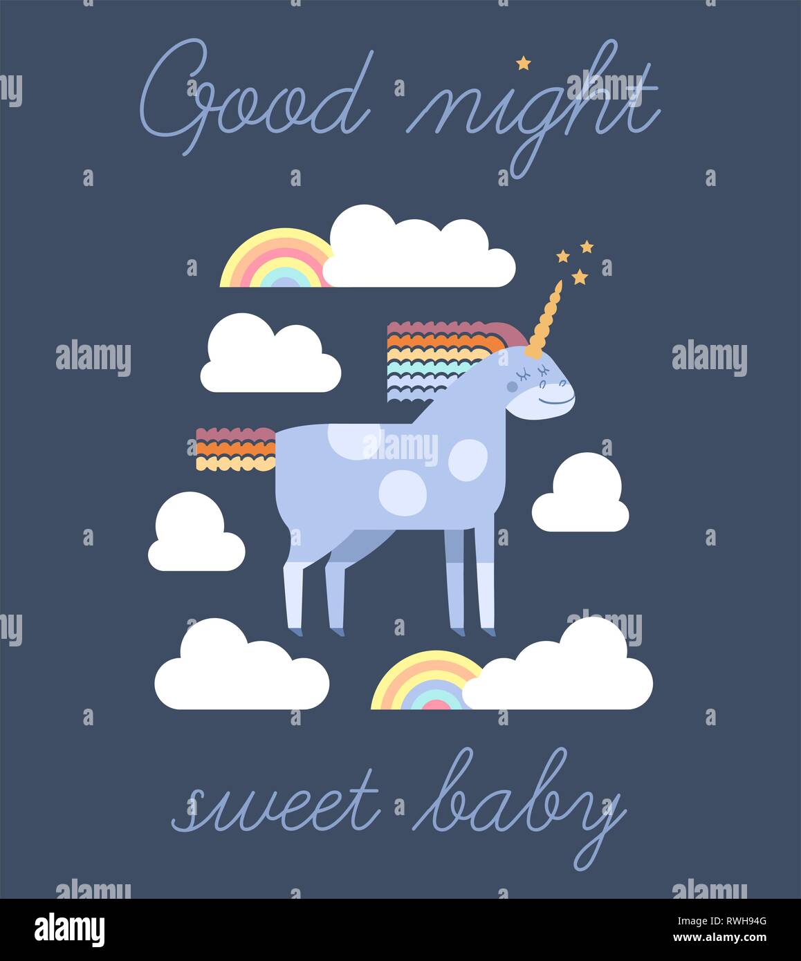 Cute Vector Einhorn im flachen Stil. Einhorn mit Rainbow Mähne und Schweif mit Wolken und Regenbögen für ihr Design, Gewebe, Textilien, Tapeten, Gruß ein Stock Vektor