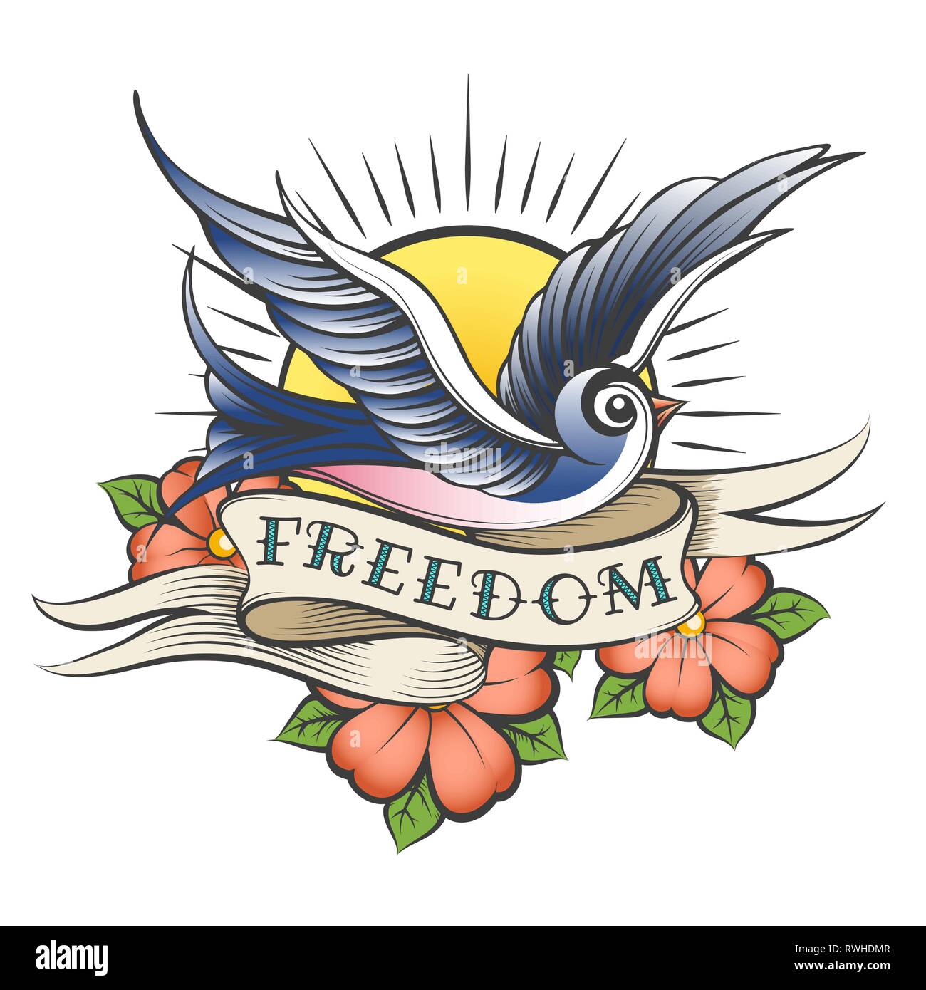 Fliegender Vogel gegen die Sonne, Blumen und Band mit Wortlaut Freiheit in Tattoo Stil gezeichnet. Vector Illustration. Stock Vektor