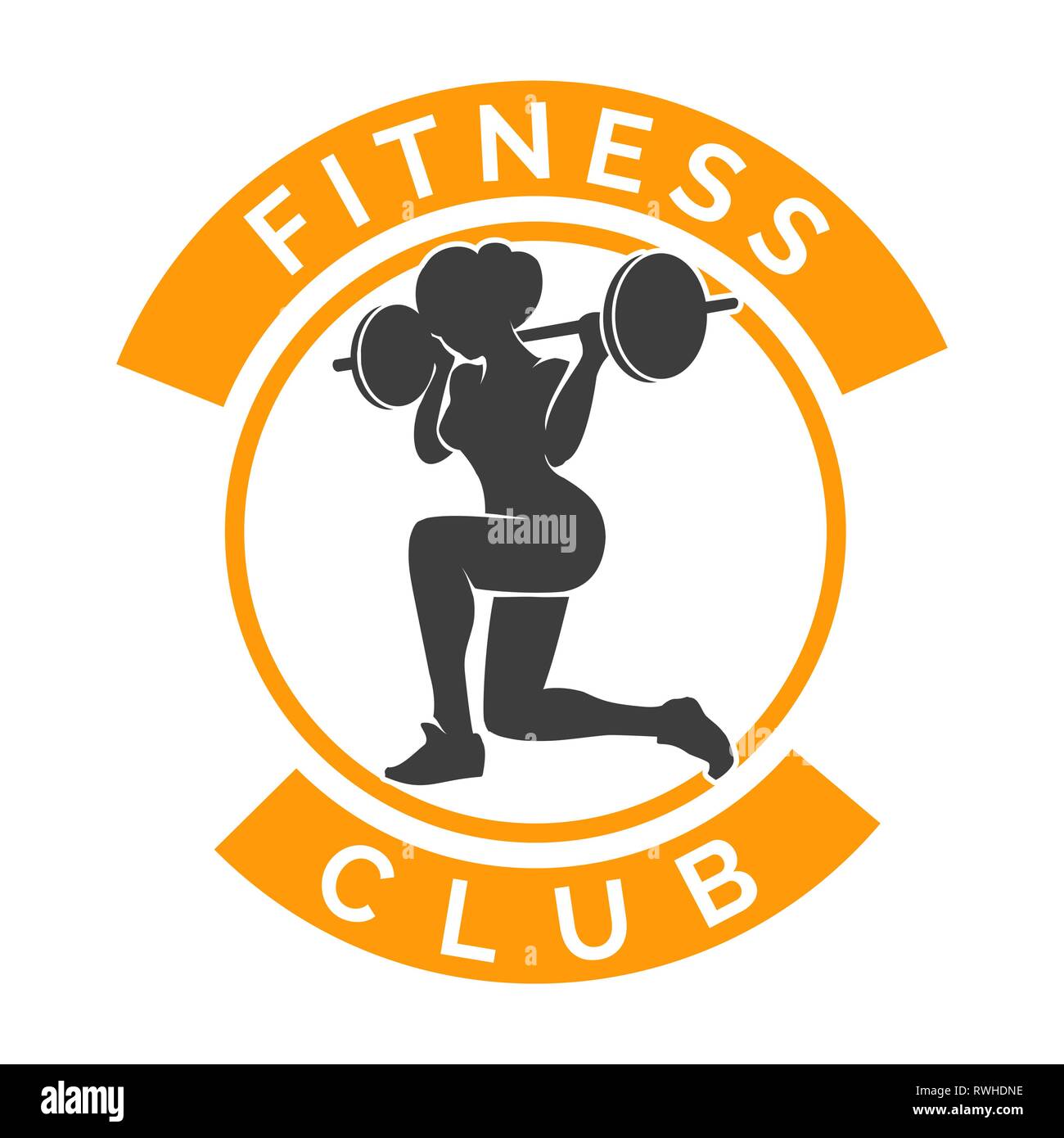 Silhouette von Training athletische Frau mit Barbell. Fitness Club Logo isoliert auf Weiss. Vector Illustration. Stock Vektor