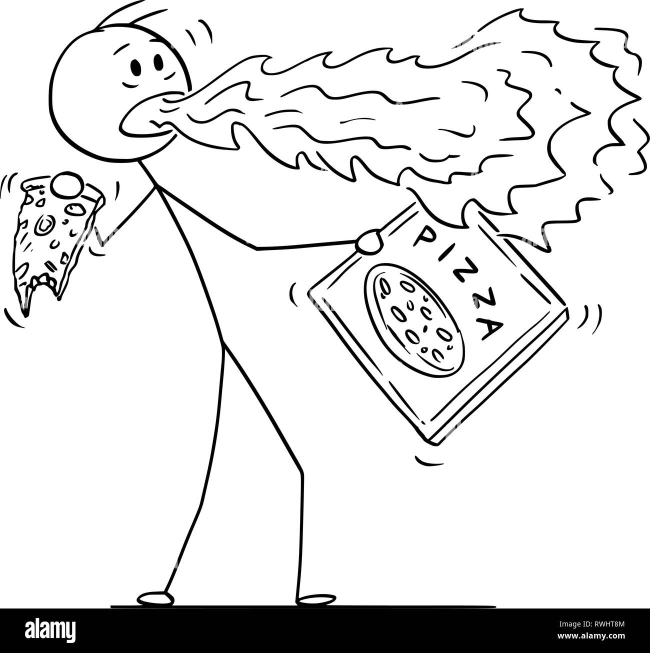 Cartoon von Mann mit Feuer aus seinem Munde beim Essen Pfeffer Pizza Stock Vektor