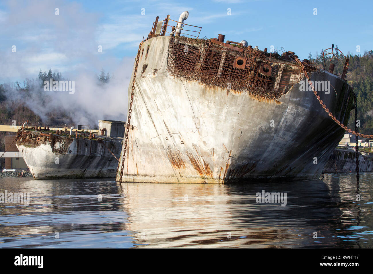 Eine konkrete Barge, dient als Wellenbrecher für die Catalyst der Papierfabrik in Powell River, British Columbia, Kanada Stockfoto