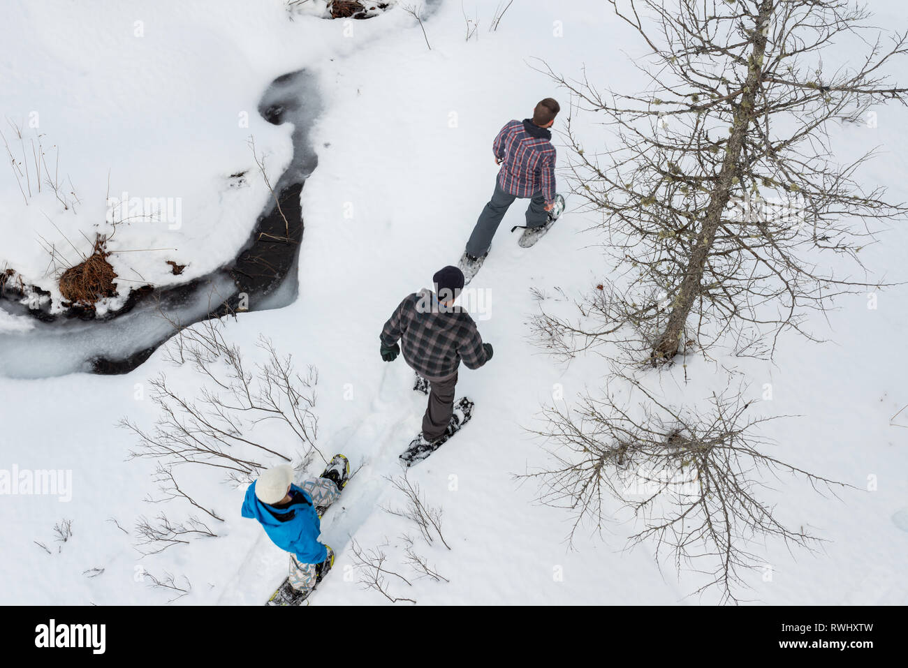 Eine Gruppe von Freunden (alle Ende 30) Schneeschuhwandern entlang einem Bach im Winter. Mont Tremblant, Quebec, Kanada Stockfoto