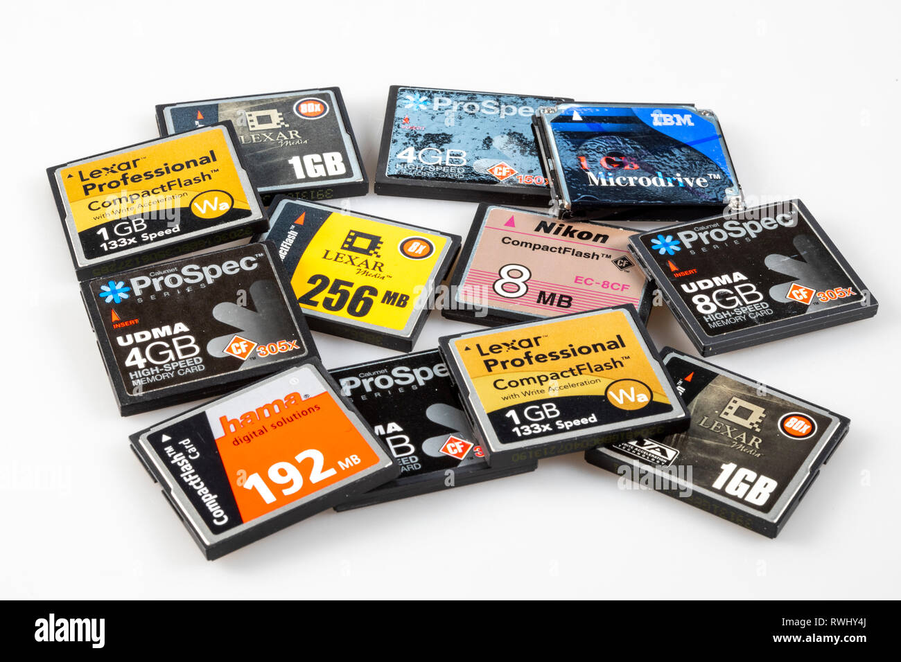 Alte Speicherkarten für Digitalkameras, CompactFlash Cards, niedrige Speicherkapazitäten, Stockfoto