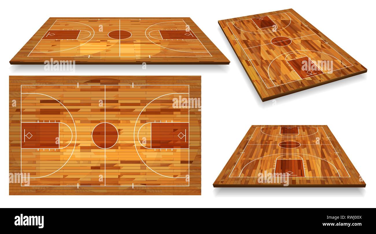 Set Perspektive Basketballplatz Stock mit Linie auf Holz Textur Hintergrund. Vector Illustration. Stock Vektor