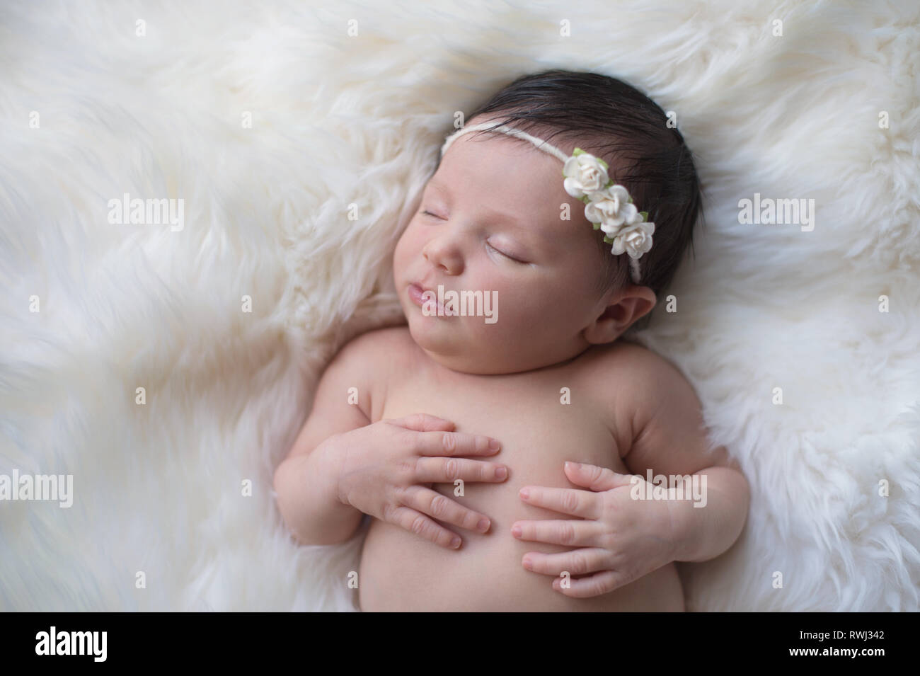 Schlafen, Woche alt neugeborenes Mädchen mit einem Papier rose Stirnband. Im Studio gedreht auf einem weißen Schaffell Teppich. Stockfoto