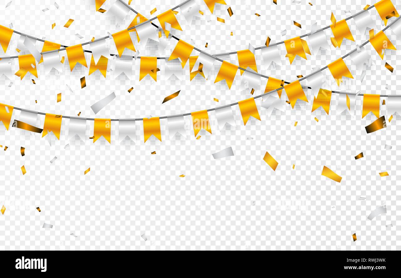 Feier party Banner. Goldene und silberne Folie Konfetti und flag Girlande. Vector Illustration. Stock Vektor