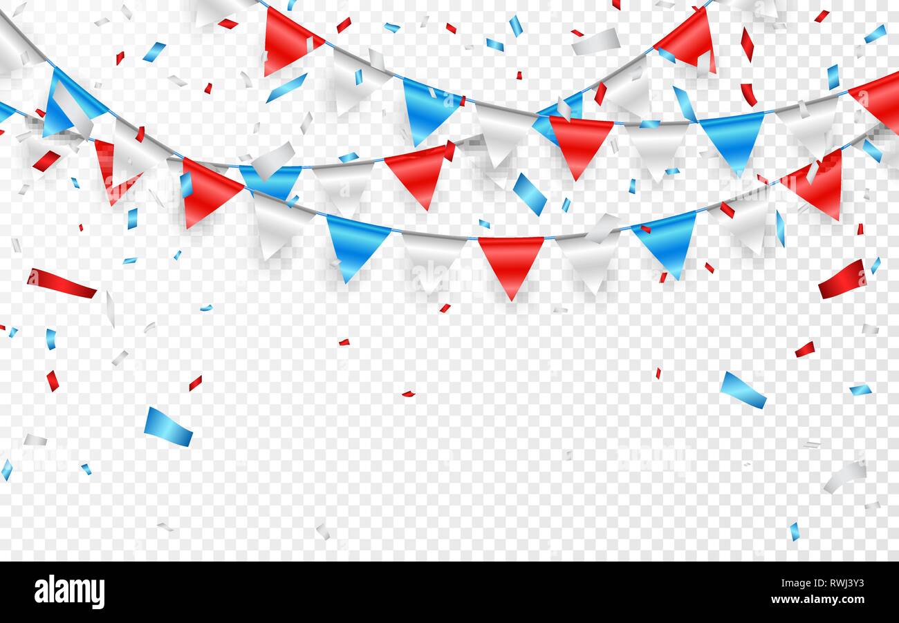 Girlanden von Rot Weiß blauen Flaggen. Blaue, weiße und rote Folie Konfetti. Vector Illustration. Stock Vektor