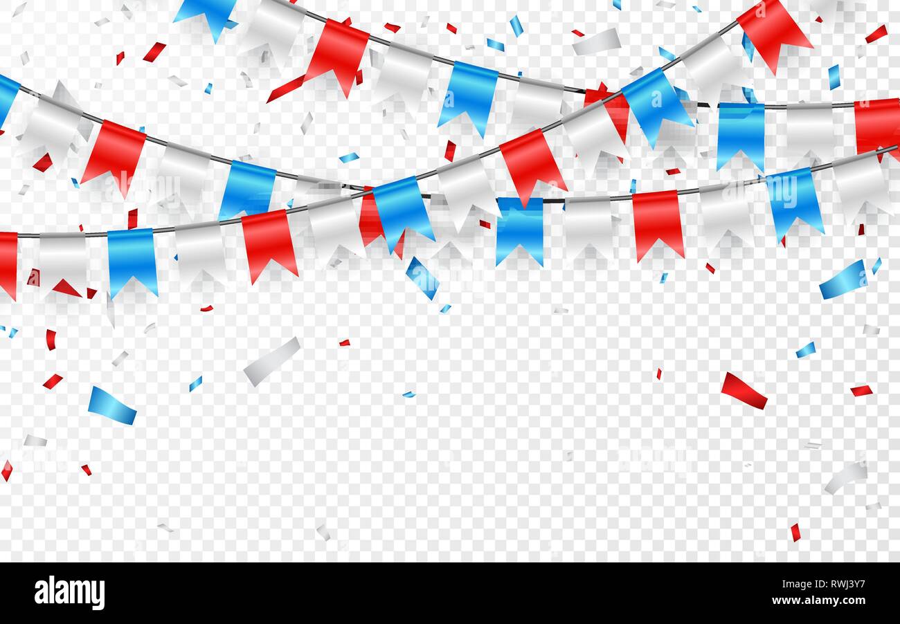 Girlanden von Rot Weiß blauen Flaggen. Blaue, weiße und rote Folie Konfetti. Vector Illustration. Stock Vektor