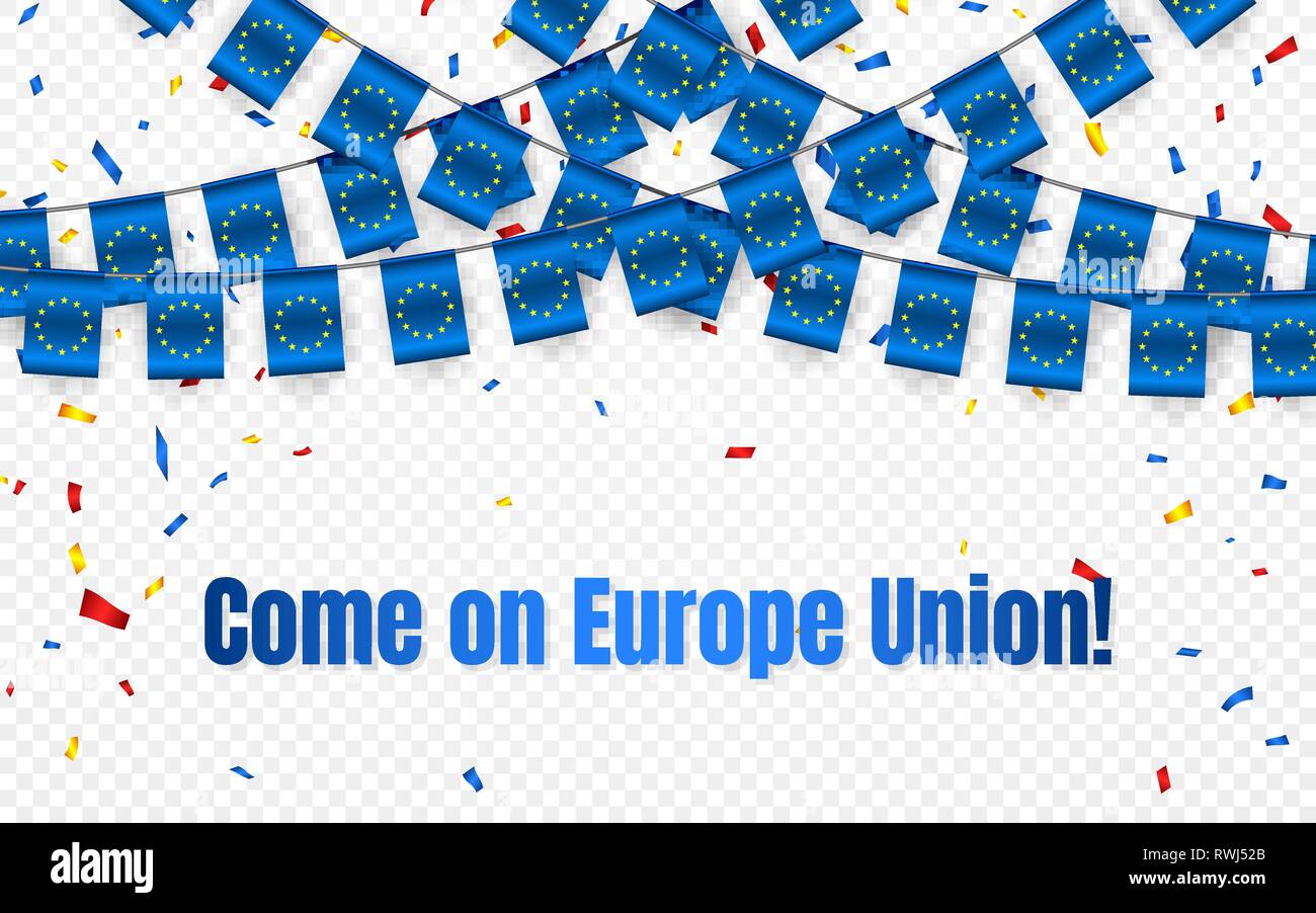 Europa Union Flag mit Girlande Konfetti auf transparentem Hintergrund, hängen Bunting für Feier Vorlage Banner, Vector Illustration. Stock Vektor