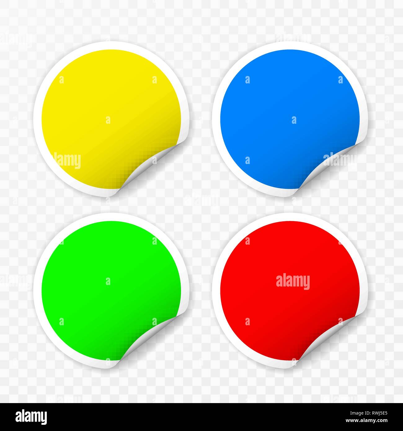Leere runde Aufkleber mit gebogenen Ecken auf transparentem Hintergrund, realistisch mockup. Stock Vektor
