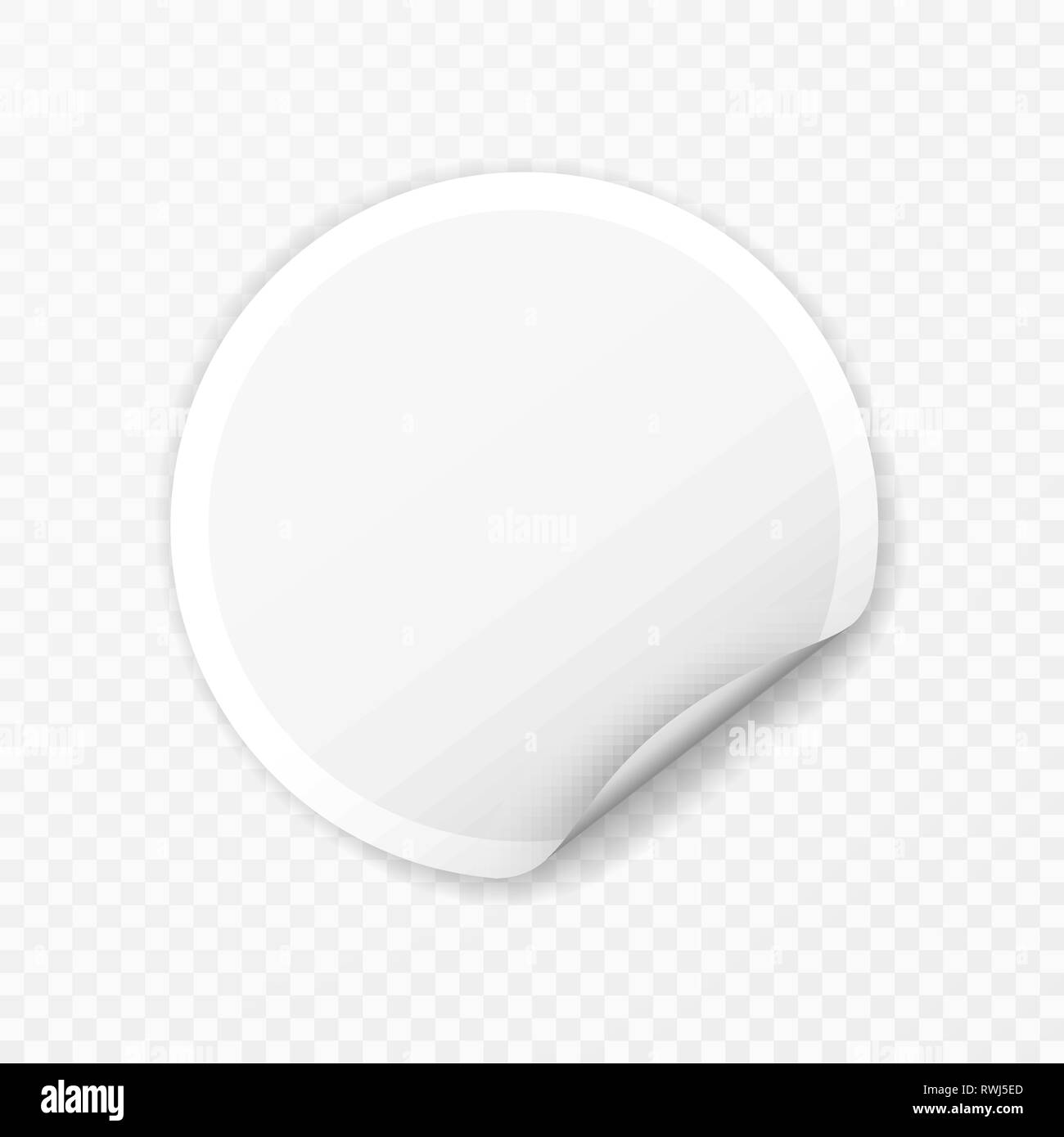 Leere runde Aufkleber mit gebogenen Ecken auf transparentem Hintergrund, realistisch mockup. Stock Vektor