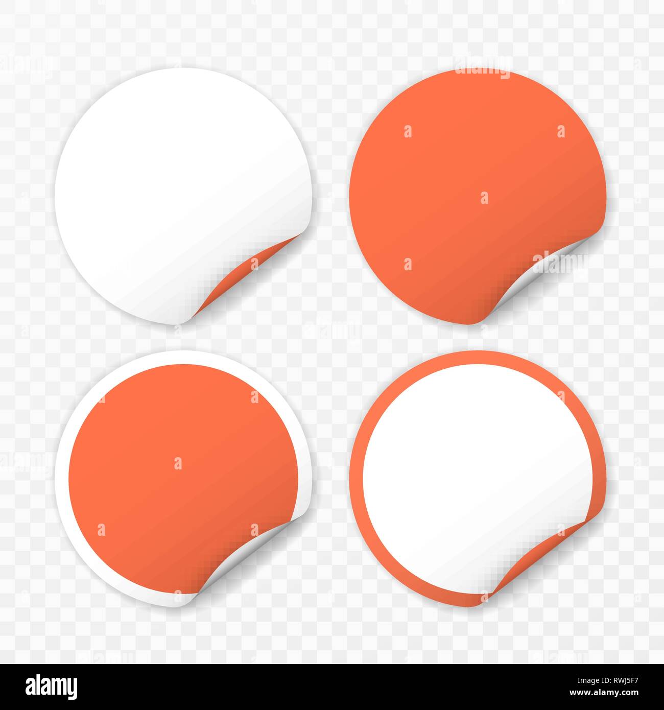 Leere runde Aufkleber mit gebogenen Ecken auf transparentem Hintergrund, realistisch mockup. Stock Vektor