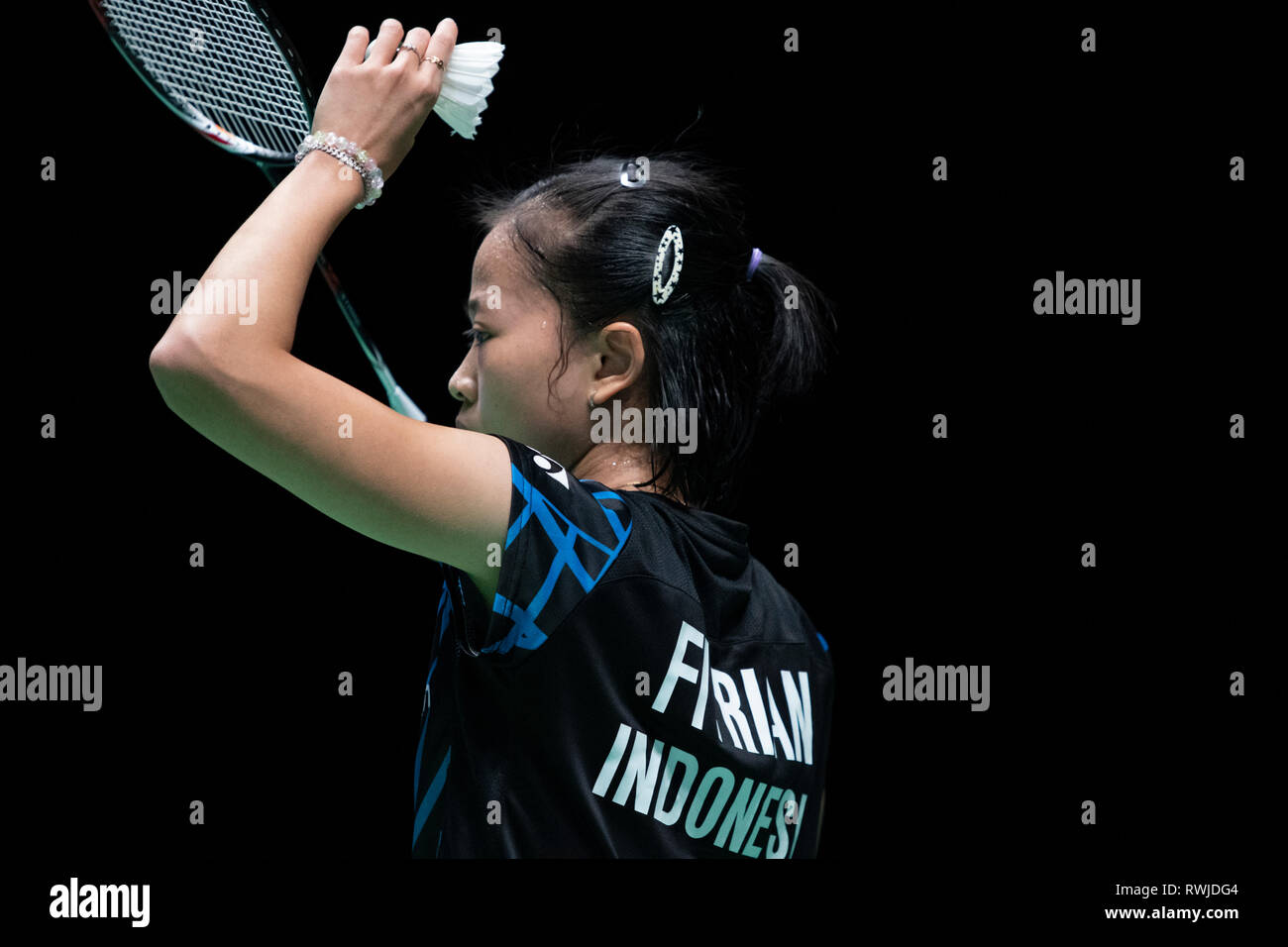 Birmingham, Großbritannien. 6. März, 2019. All England Open Badminton Championships: BIRMINGHAM, ENGLAND - März 6: WOMAN'S Ingles, FITRIANI Fitrian in Aktion an der Yonex All England Open Badminton Championships im Arena Birmingham am 6. März, 2019 Birmingham, England Credit: PATRICK ANTHONISZ/Alamy leben Nachrichten Stockfoto