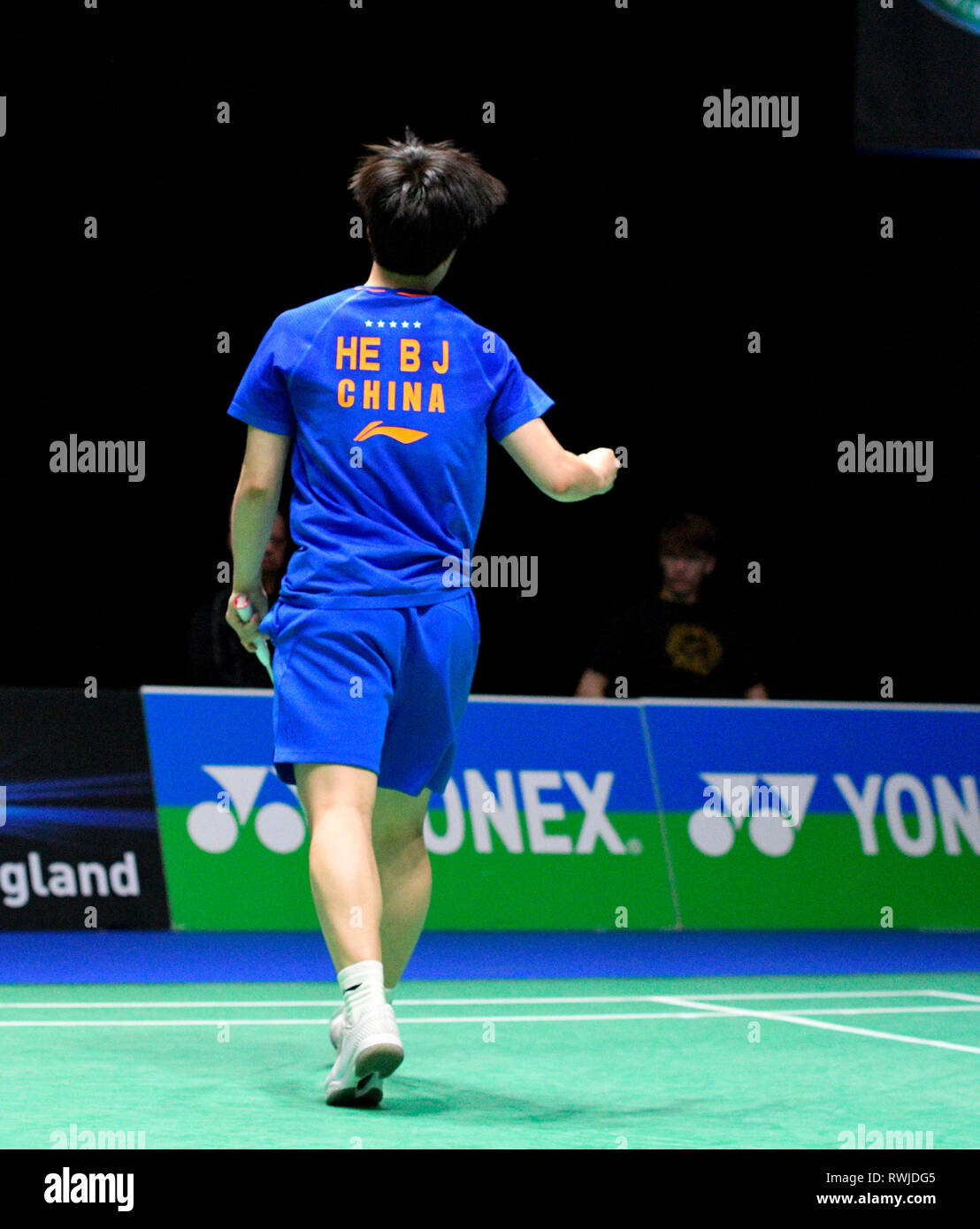 Birmingham, Großbritannien. 6. März, 2019. All England Open Badminton Championships: BIRMINGHAM, ENGLAND - März 6: WOMAN'S Ingles, Bingjiao er Chinas in Aktion an der Yonex All England Open Badminton Championships im Arena Birmingham am 6. März, 2019 Birmingham, England Credit: PATRICK ANTHONISZ/Alamy leben Nachrichten Stockfoto