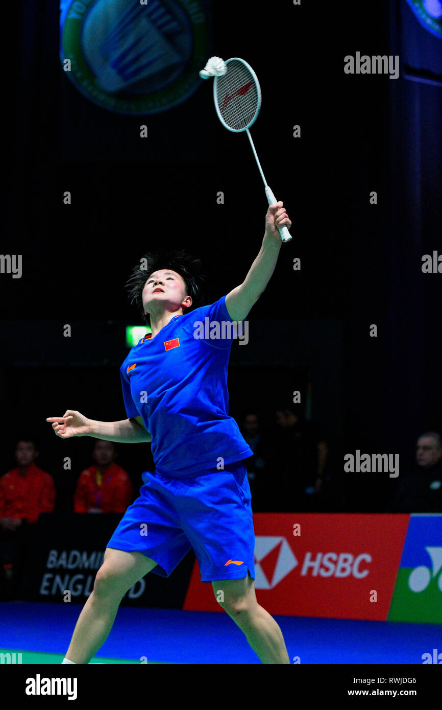 Birmingham, Großbritannien. 6. März, 2019. All England Open Badminton Championships: BIRMINGHAM, ENGLAND - März 6: WOMAN'S Ingles, Bingjiao er Chinas in Aktion an der Yonex All England Open Badminton Championships im Arena Birmingham am 6. März, 2019 Birmingham, England Credit: PATRICK ANTHONISZ/Alamy leben Nachrichten Stockfoto