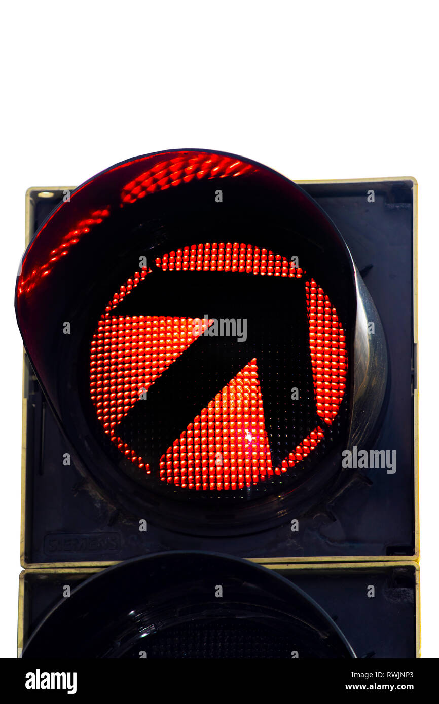 Roter Pfeil Ampel Verkehrszeichen, schlechtes Geschäft isoliert auf weißem stoppen Stockfoto