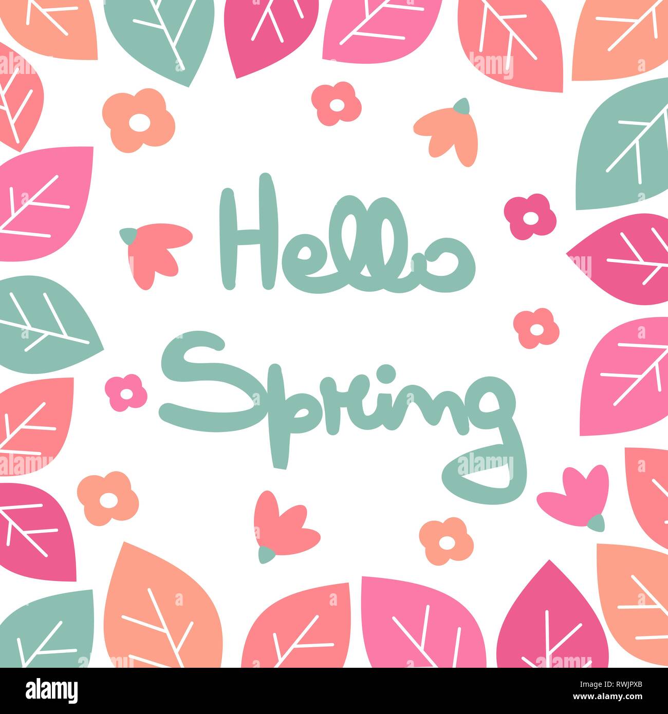 Süße Hand gezeichnet Schriftzug Hallo Frühling Vektor Karte mit Blumen und Blätter Stock Vektor