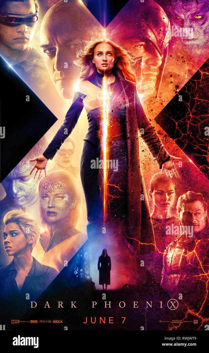 Dark Phoenix (2019) unter der Regie von Simon Kinberg und Hauptdarsteller Sophie Turner, Jennifer Lawrence und James McAvoy. Jean Grey erliegt der dunklen Seite der Macht und wird zum Dark Phoenix. Kann die X-Männer speichern? Stockfoto