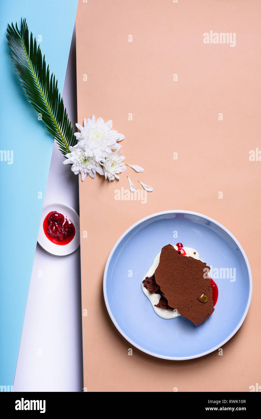 Joghurt- oder Softeis dessert Vanilleeis mit Chocolate Brownie. Ansicht von oben, kopieren. Stockfoto