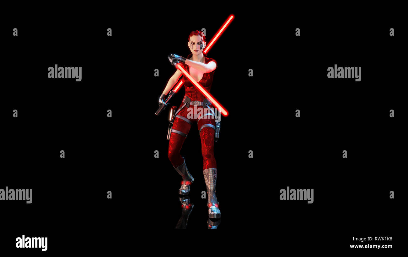 Redhead Krieger Mädchen mit zwei futuristischen Licht Schwerter, geflochtene Frau mit Sci-fi Sabre Waffe auf schwarzen Hintergrund, 3D-Rendering Stockfoto